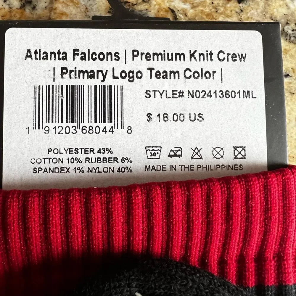 NWT Atlanta Falcons NFL Logo Crew Socks Black and Red 2 Pair Bundle Size L
